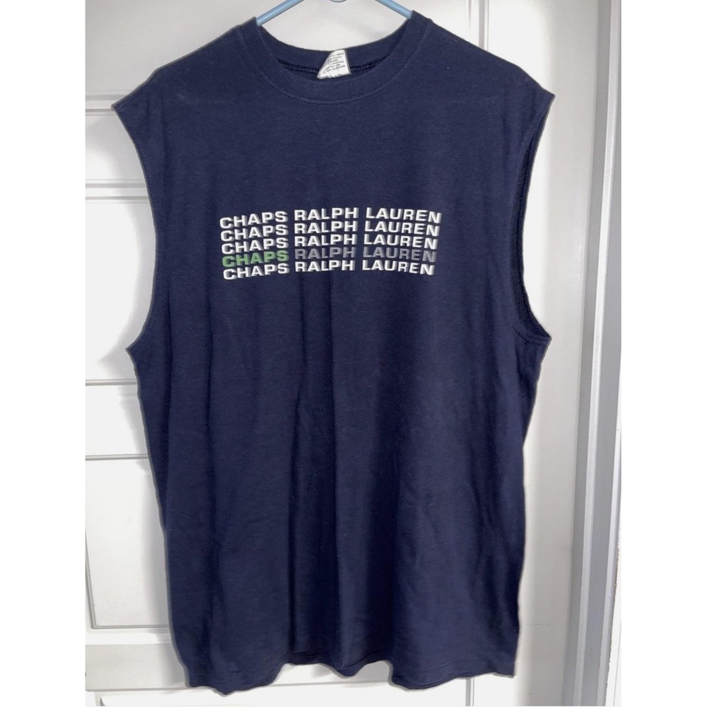 Chaps Ralph Lauren Shirt Mens XL Blue Sleeveless Muscle Graphic Made USA Tee
